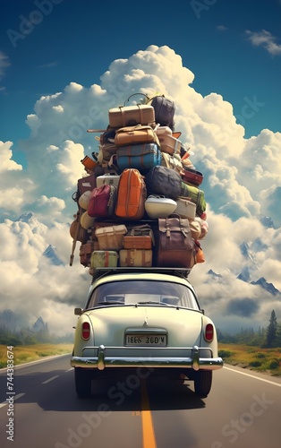 illustration of traveling with car and lots of luggage on a way