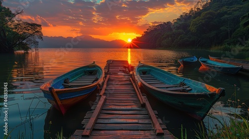 sunset over a pier on with boats on a lake, Sunset over the lake in the village. © haizah
