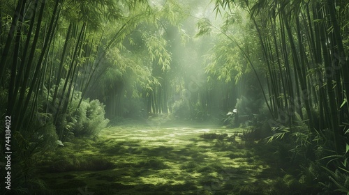 A tranquil bamboo grove with sunlight filtering through the dense foliage  casting shadows on the peaceful forest floor.