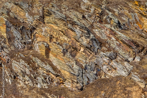 Layered rock formations close-up in spring