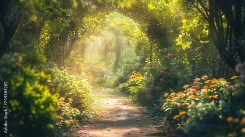 A tranquil garden path winding through lush greenery and blooming flowers, with sunlight filtering through the canopy above.