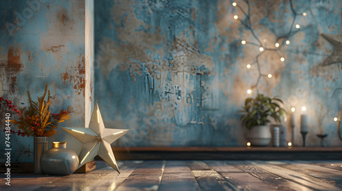 Decorative Star with Lamps on Wall Background, Festive Lighting Decoration, Holiday Illumination Concept, Interior Design Elements, Creative Home Decor, Generative AI