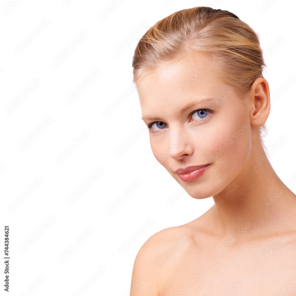 Happy woman, portrait and makeup with beauty cosmetics for skincare or facial treatment on a white studio background. Face of young female person or model in satisfaction for facial on mockup space Happy woman, portrait and makeup with beauty cosmetics for skincare or facial treatment on a white studio background. Face of young female person or model in satisfaction for facial on mockup space