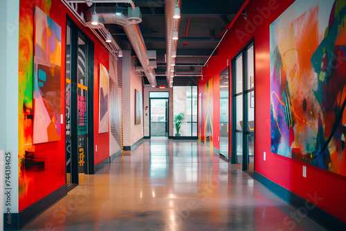 A captivating view of a modern office interior with vibrant and colorful walls  showcasing artistic paintings that infuse energy and creativity into the workspace.