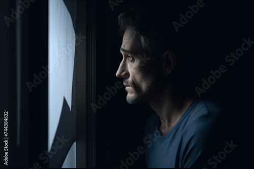anxious man alone in a dark room. looking out the window with worry and touching face