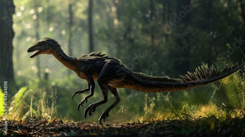 Using its long powerful tail to balance a hunting troodon uses its sharp claws and heightened sense of smell to track down prey in the dark.