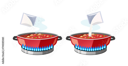 Adding monosodium glutamate to soup on a gas stove vector isolated on white background.