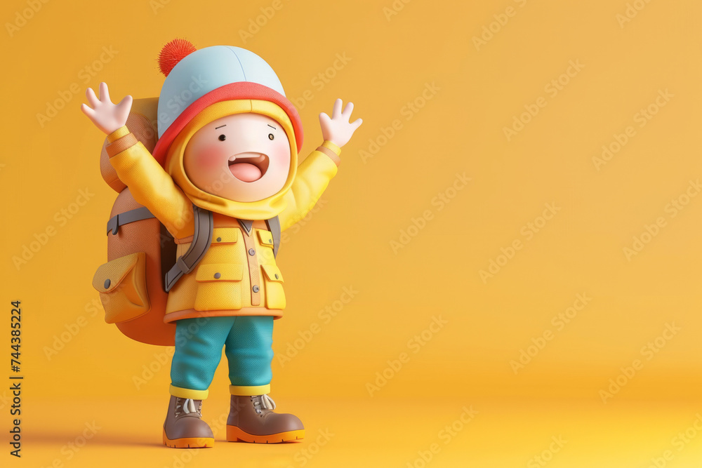 A cute friendly 3d hiking character waving to the camera. 3D Rendering style illustration A cute friendly 3d hiking character waving to the camera. 3D Rendering style illustration