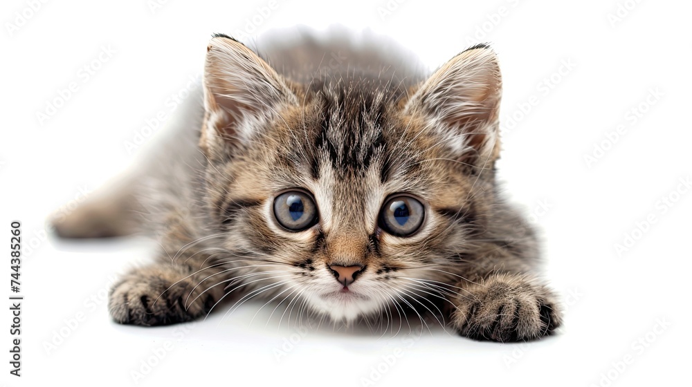 gray kitten laying on floor and looking at camera on white background
