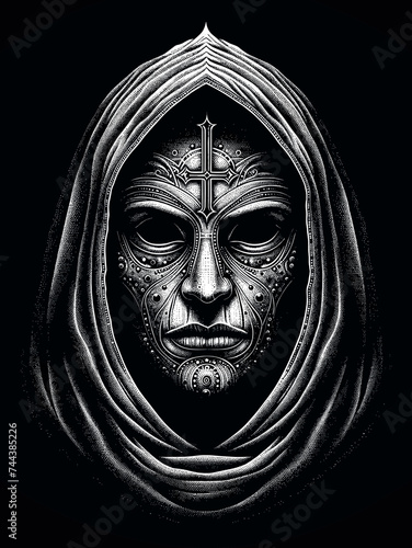 Solemn Spiritual Figure with Mask-like Features and Ornate Dotwork