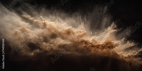 a brown splash painting on black background, brown powder dust paint ,brown explosion explode burst isolated splatter abstract. brown smoke or fog particles explosive special effect photo