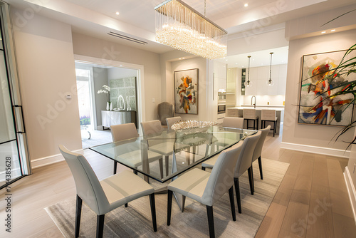 A chic dining area featuring a modern glass table  designer chairs  and an elegant chandelier  creating the perfect setting for intimate gatherings.
