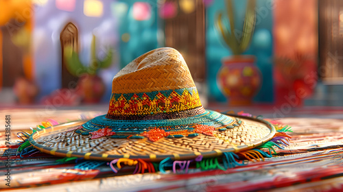straw hat, background with copyspace, A colorful mexican sombrero with space for your funny face, Mexican style sombrero on tabletop on background full of cactus, mexican style, Generative Ai