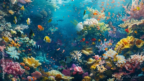 A vibrant coral reef teeming with colorful fish and marine life, set against a backdrop of crystal-clear tropical waters.