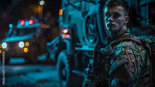 Young soldier in camouflage standing by military vehicle at night. dramatic scene with focused expression. security concept. AI