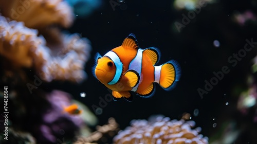 Clown fish close-up on a black background in an aquarium. © GoLyaf