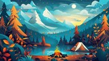 illustration captures the essence of camping, with a picturesque landscape that includes a cozy tent set against a backdrop