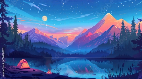 illustration captures the essence of camping, with a picturesque landscape that includes a cozy tent set against a backdrop
