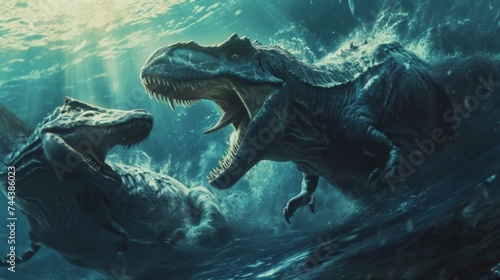 In the depths of the ocean a Dakosaurus fights tooth and claw with a powerful Elasmosaurus both vying for dominance in this prehistoric world. © Justlight