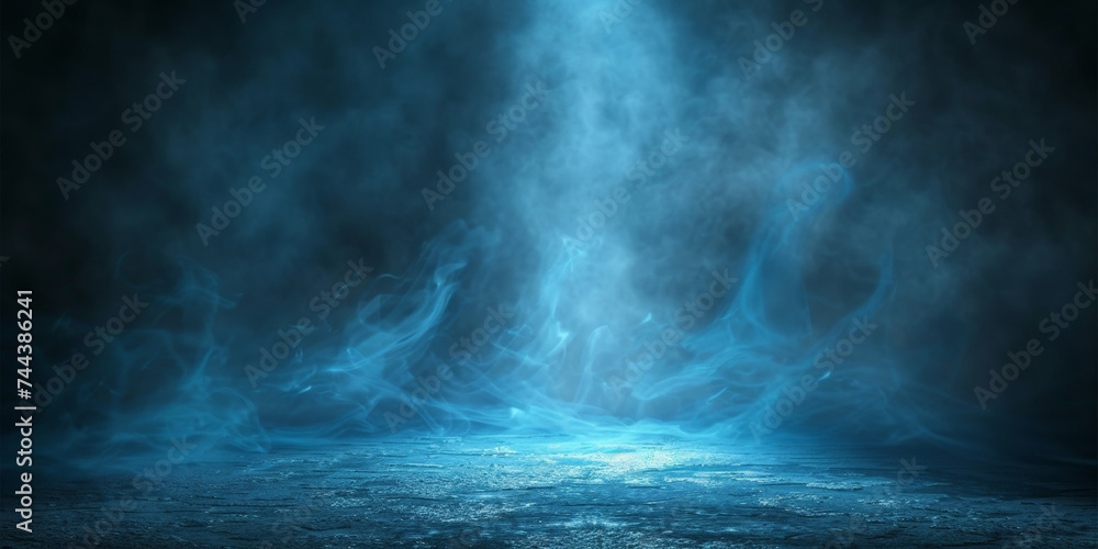 dark blue room background with smoke and floor, Dark empty scene, blue neon searchlight light, smoke, night view, rays