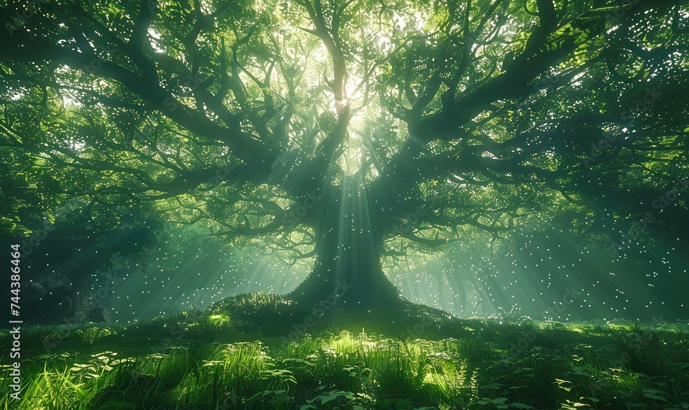 towering trees create a canopy of greenery and sunlight filters through the branches, casting dappled shadows on the forest floor