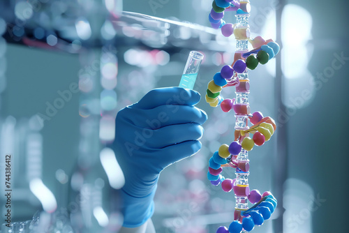 Science, health care research, DNA analysis specialist abstract background. Hands holding a tube with genes prototype