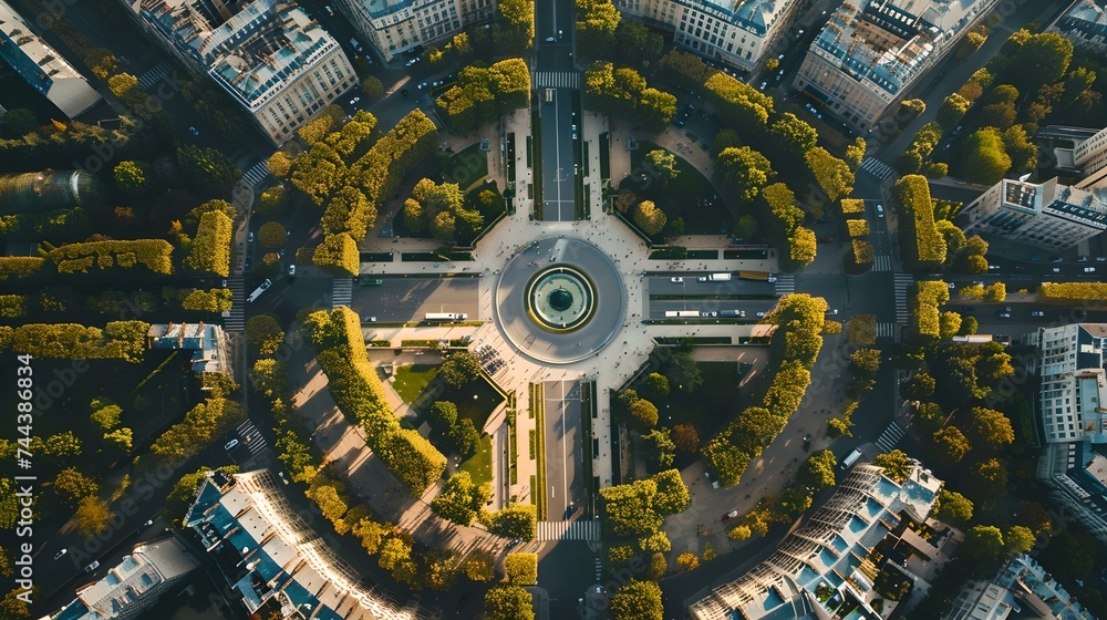 Aerial view of cityscape intersection, modern urban planning. bird's eye symmetry in metropolitan design. urban photography, travel destination concept. AI