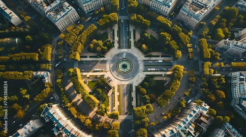 Aerial view of cityscape intersection, modern urban planning. bird's eye symmetry in metropolitan design. urban photography, travel destination concept. AI © Irina Ukrainets