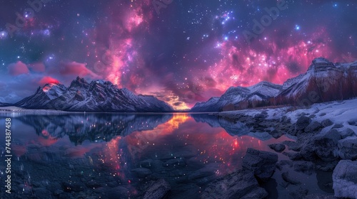 panorama with northern lights in night starry sky with stars over lake and mountains. photo