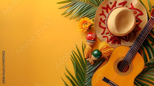 Minimalist modern mexican Cinco de Mayo holiday background, warm yellow background top view, modern mexico fiesta background, Generative AI