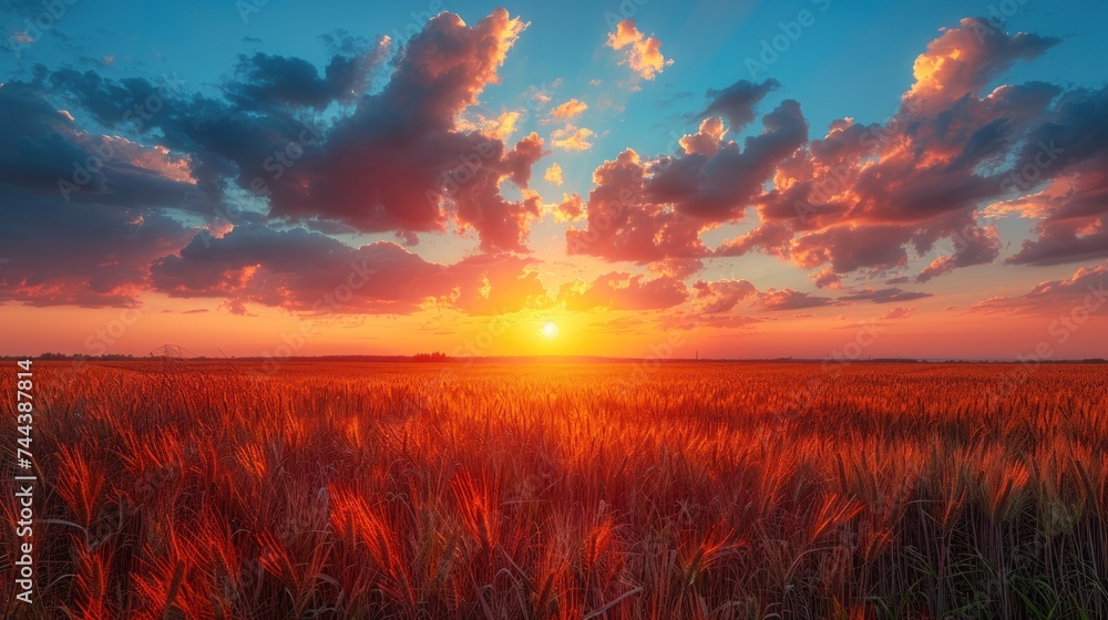 Magical orange Summer Sunset Sky Above Countryside Rural Meadow Landscape.