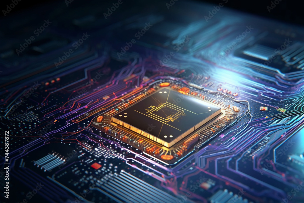 artificial intelligence processor unit. powerful quantum ai component on pcb motherboard with data transfers artificial intelligence processor unit. powerful quantum ai component on pcb motherboard with data transfers