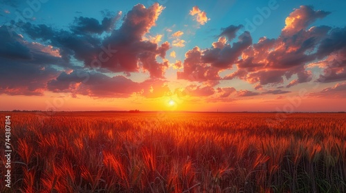 Magical orange Summer Sunset Sky Above Countryside Rural Meadow Landscape.