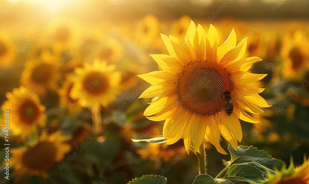 Fototapeta premium Sunflower Field Bask in the golden glow of a sunflower field in full bloom, where rows of vibrant flowers stretch as far as the eye can see