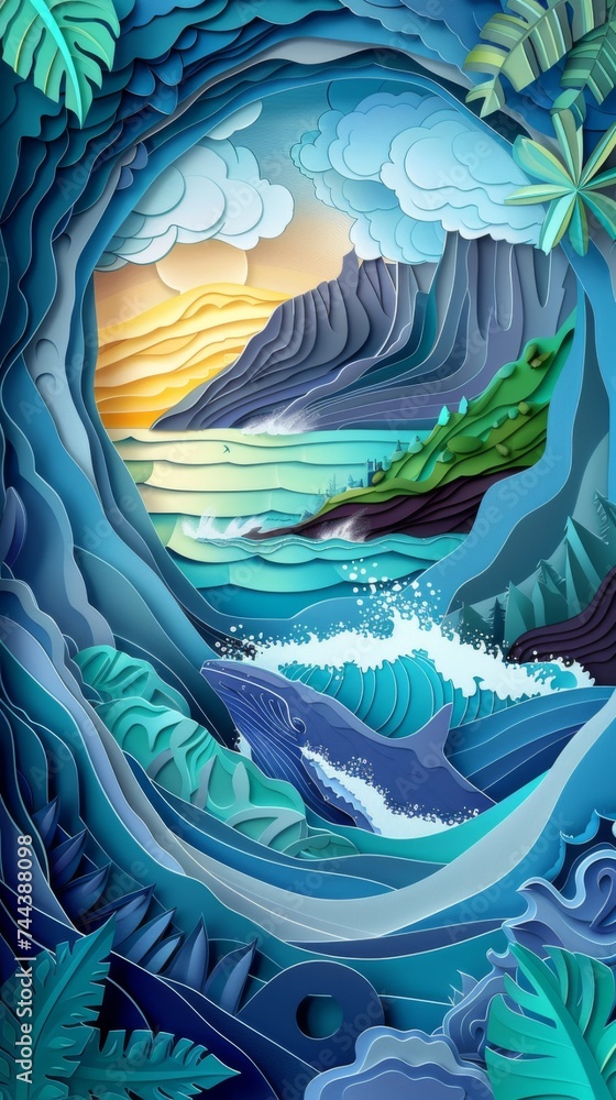 Humpback Whale Whales Kauai Maui Hawaii Ocean Breech Breeching Waves Paper Cut Phone Wallpaper Background Illustration Humpback Whale Whales Kauai Maui Hawaii Ocean Breech Breeching Waves Paper Cut Phone Wallpaper Background Illustration
