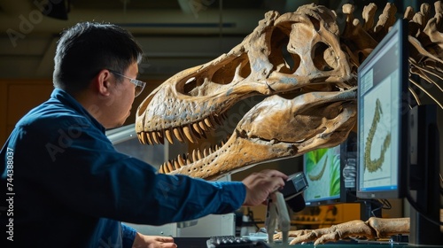 A researcher using advanced technology to scan and digitize a fossilized dinosaur bone allowing for precise recreations and ysis without damaging the original. © Justlight