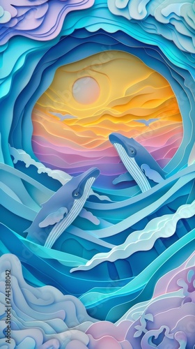 Humpback Whale Whales Kauai Maui Hawaii Ocean Breech Breeching Waves Paper Cut Phone Wallpaper Background Illustration