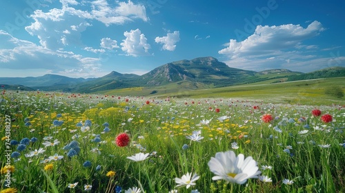 Summer landscape with flowers in the mountains valley with golden and green trees photo