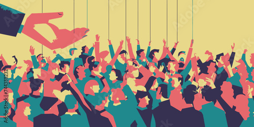 Flat Design huge crowd controlled by a hand with strings to the crowd like a puppet concept