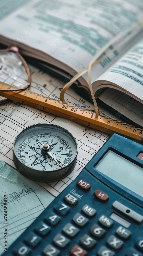 Compass, ruler, and calculator on top of architectural blueprints with glasses. Compass, ruler, and calculator on top of architectural blueprints with glasses.