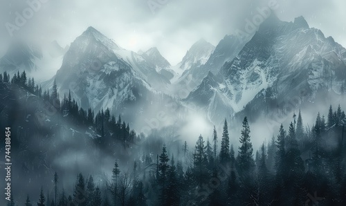 Misty Mountains Journey through mist-shrouded mountains, where wisps of fog cling to rugged peaks and valleys