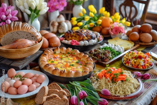 A table set for a traditional Easter feast with dishes, eggs, and fresh spring flowers.