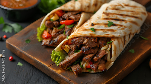 Fresh Grilled Donner or Shawarma Beef and Chicken Wrap, Delicious Middle Eastern Cuisine, Tasty Fast Food Takeaway, Traditional Turkish and Arabic Dish, Generative AI

