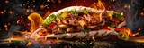 A dynamic image of a chicken gyros filled with vegetables, sauce, and spices in mid-air.