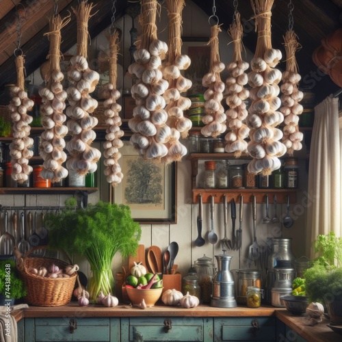 Strings of garlic hanging in pantry