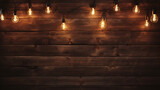 Empty, dark wooden background illuminated by retro light bulbs, with copy space, Image of wooden table in front of abstract blurred restaurant lights background. Generative Ai