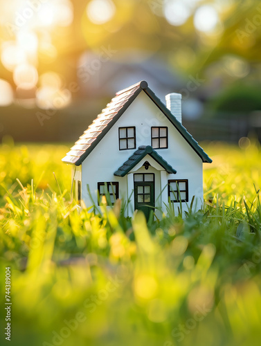 Ein Modell von einem Haus steht im Gras im Garten als Inspiration für einen Neubau