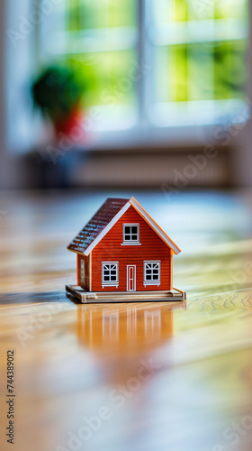 Ein kleines Modell von einem roten Haus steht auf dem Boden als Nahaufnahme