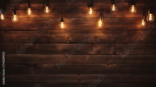 Empty, dark wooden background illuminated by retro light bulbs, with copy space, Image of wooden table in front of abstract blurred restaurant lights background. Generative Ai