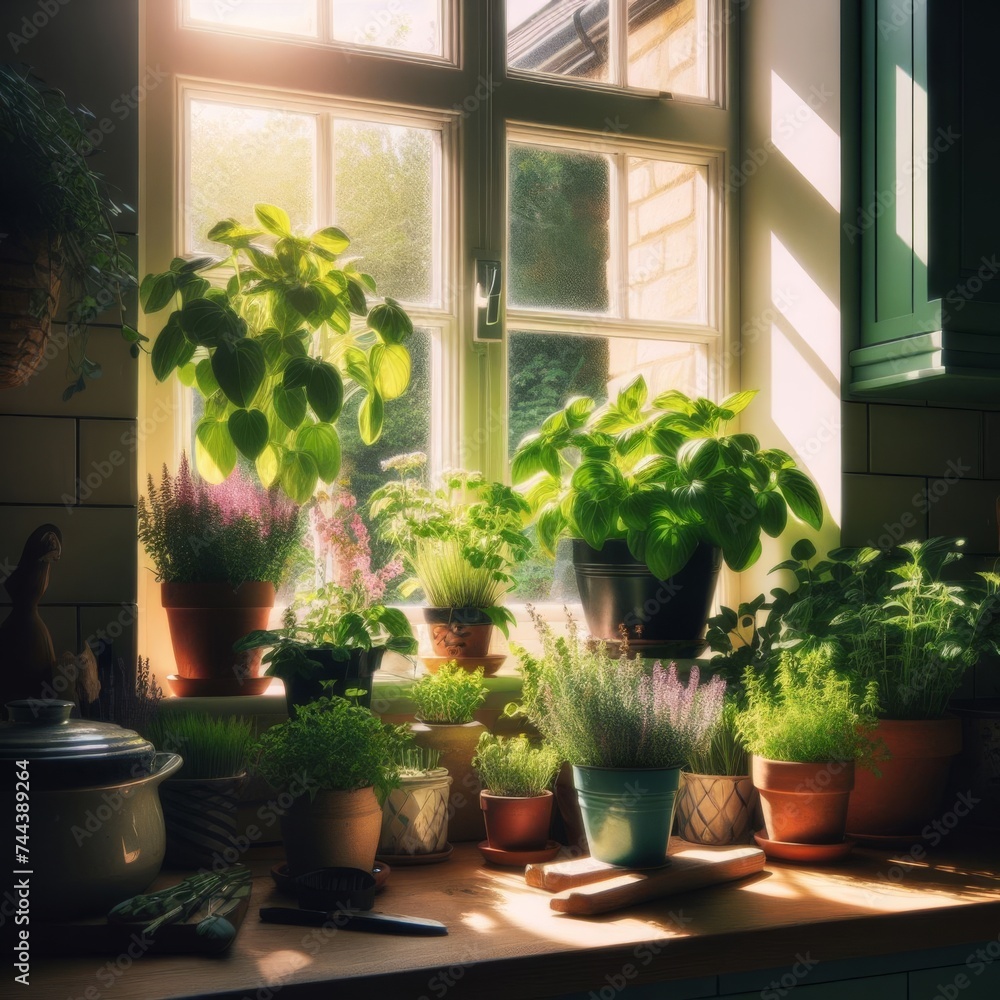 An array of potted herbs sit on the window sill to catch early morning sun